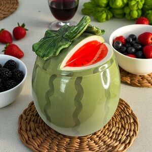 ¥* Vintage Poppytrail Metlox Watermelon Cookie Jar Single Canister Lid Leaf Stem